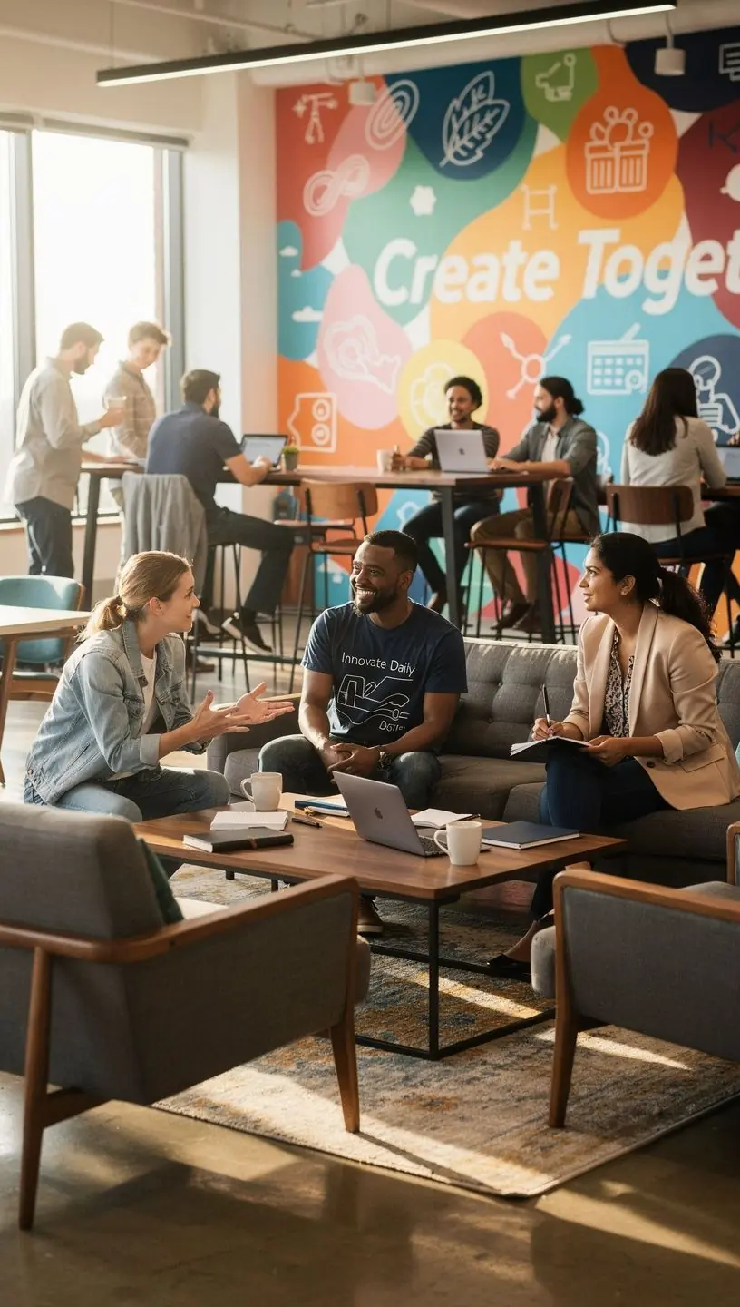 Зона отдыха в офисе с уютными диванами и яркими декоративными элементами.