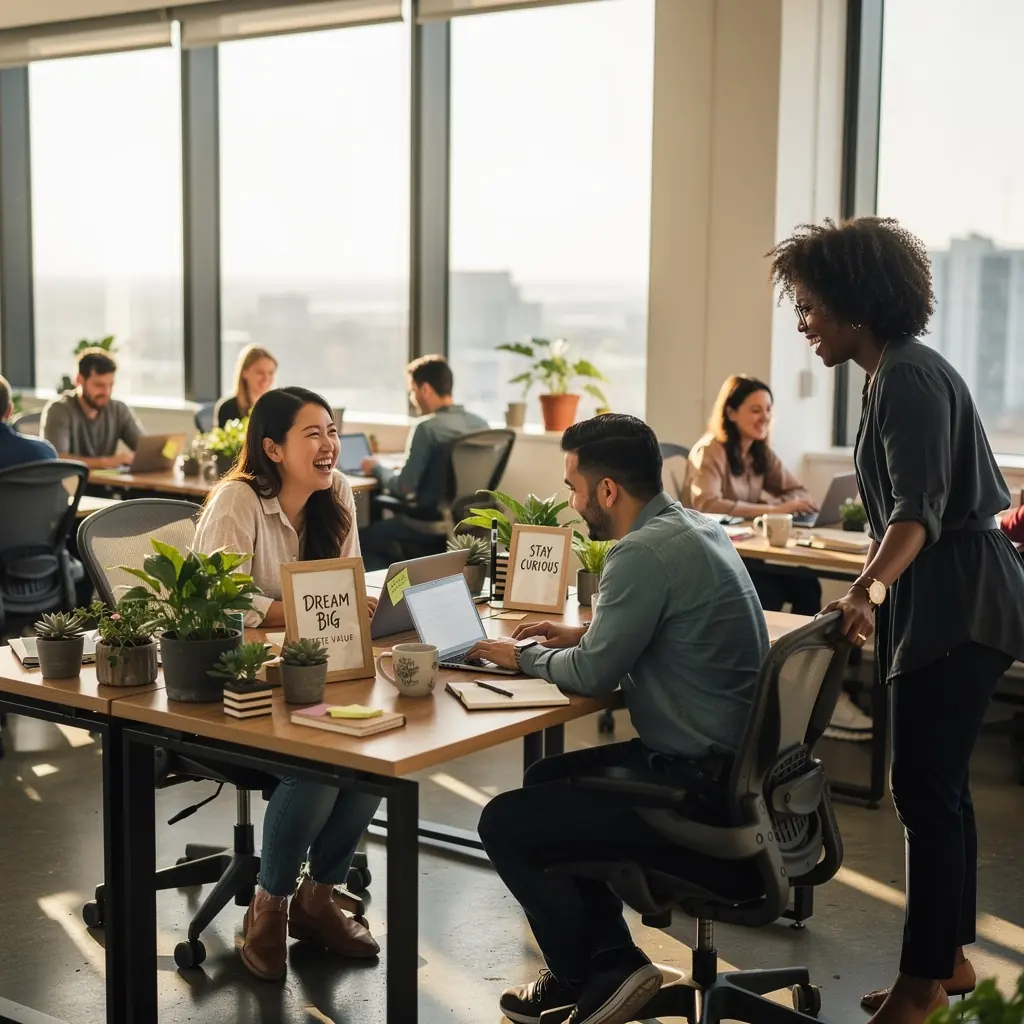 Рабочее пространство с акцентом на натуральные материалы и освещение.