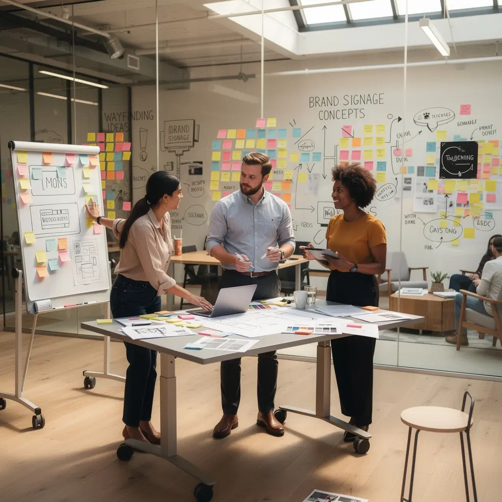 Современный офис с открытой планировкой и стильной мебелью.